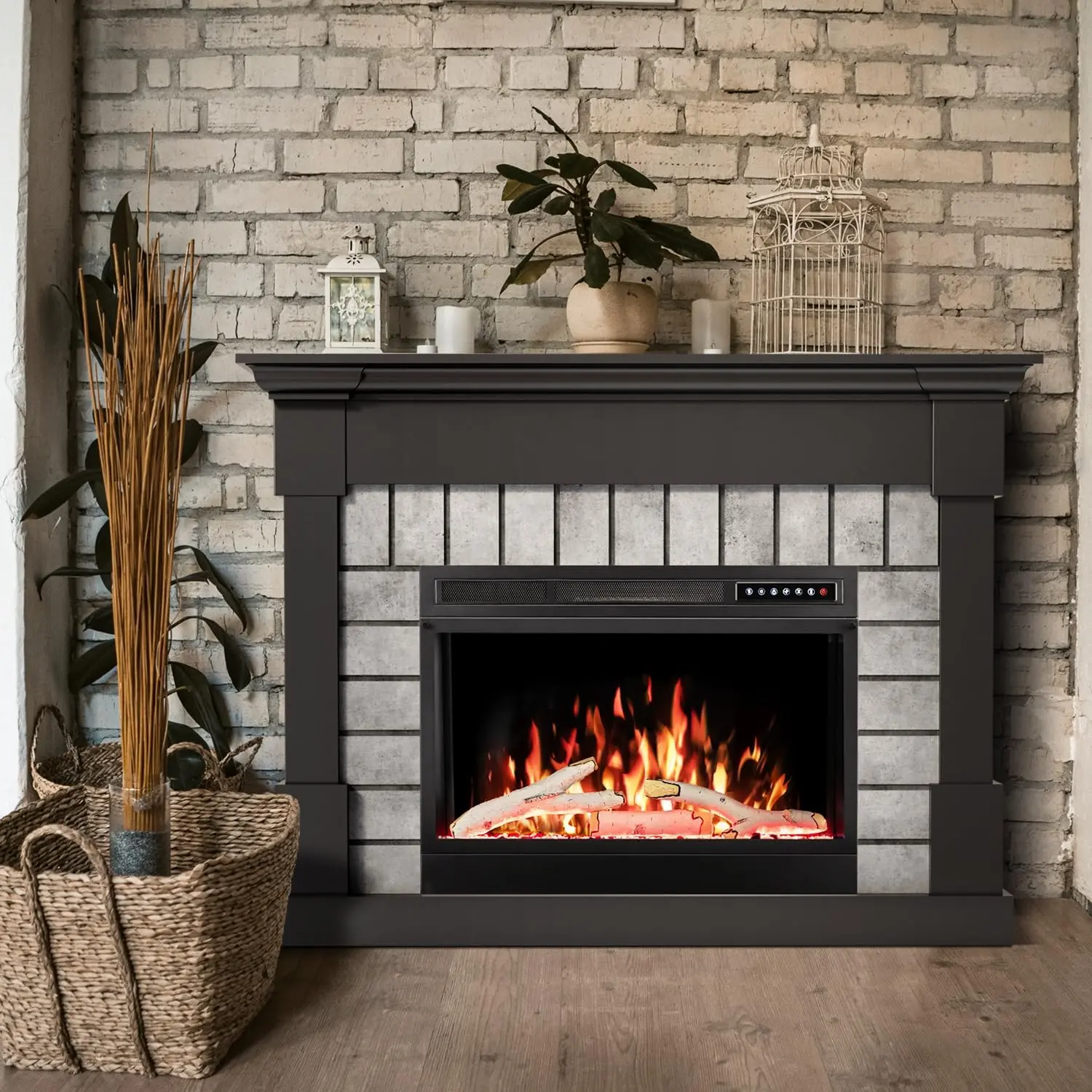 R.W.FLAME 50" Limited Modern Freestanding Electric Fireplace Mantel with Wood Frame, Quartz TV Stand, Firebox, Remote Control, Adjustable LED Flame, Adjustable Heating Temperature, 12 Flame Bed Colors, Timer, 750W/1500W Heat + Light Heater, 50" Size