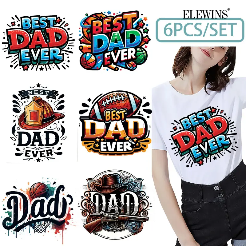 6 pieces of Dad-themed foil DTF transfers. Perfect for t-shirts, hoodies, jeans, backpacks, and pillows, these are washable plastic transfer paper suitable for both men and women, Gifts, Crafts, Diy Crafts Supplies