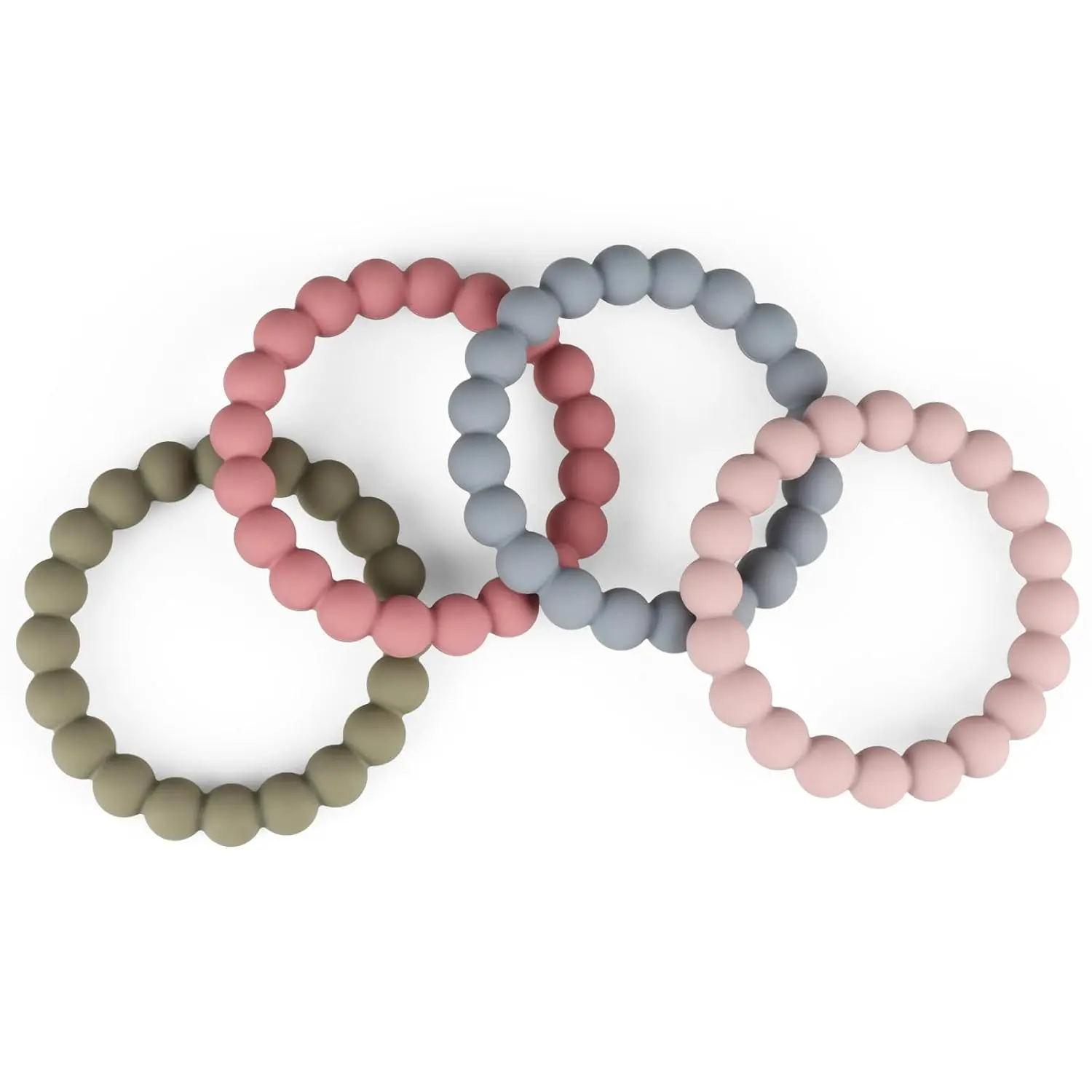 X-RBB09 Baby Teether Rings, 100% Silicone Teether Bracelets for 3m+ Babies to Self-Soothe, BPA Free & Phthalate Free - Includes 4 Neutral Baby Rings