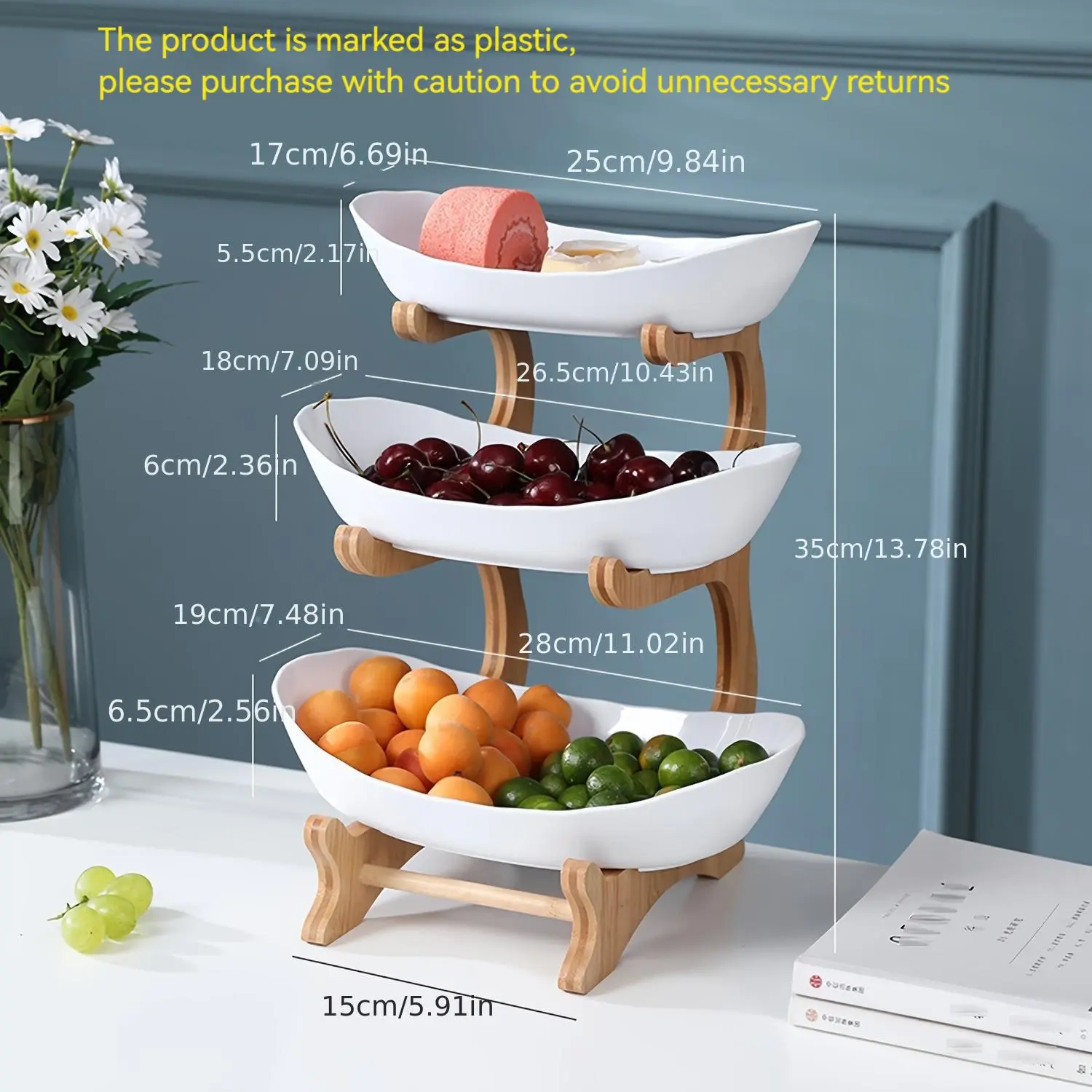 1-Piece Polyester Bamboo & Plastic Layered Fruit Plate Organiser - Large Capacity Storage Rack for Nuts, Bread, Candy, Kitchen Counter Display Tray with Drawer Option, Home Organizer