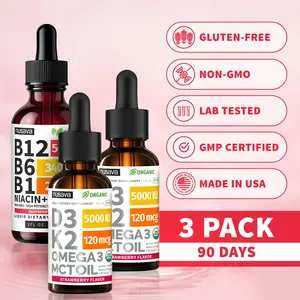 (3-PACK) Wellness Bundle Vitamin B12 & D3K2 Liquid Edible Supplement Drops with B6, B1, Niacin & Folate for Energy, Brain & Heart - Raspberry, & Strawberry 27,200 mcg per Serving, 4 fl Oz