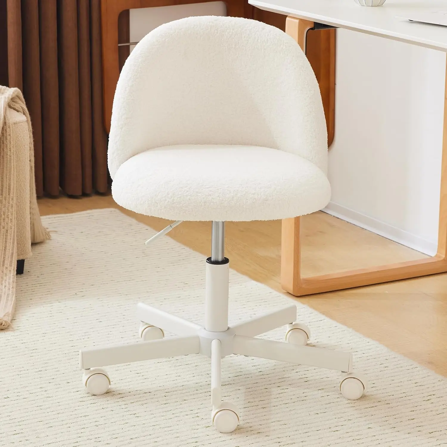 Karlhome  Modern Vanity Chair with Back, Velvet Desk Chair for Girls, Small Office Chair with Silent Wheels, Stylish and Comfortable, White