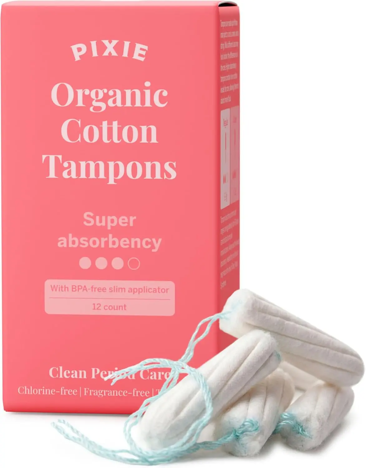 Pixie Organic Cotton Tampons – Super Absorbency – BPA-Free Long Applicator – Unscented, Chlorine-Free Feminine Care – 12 Count