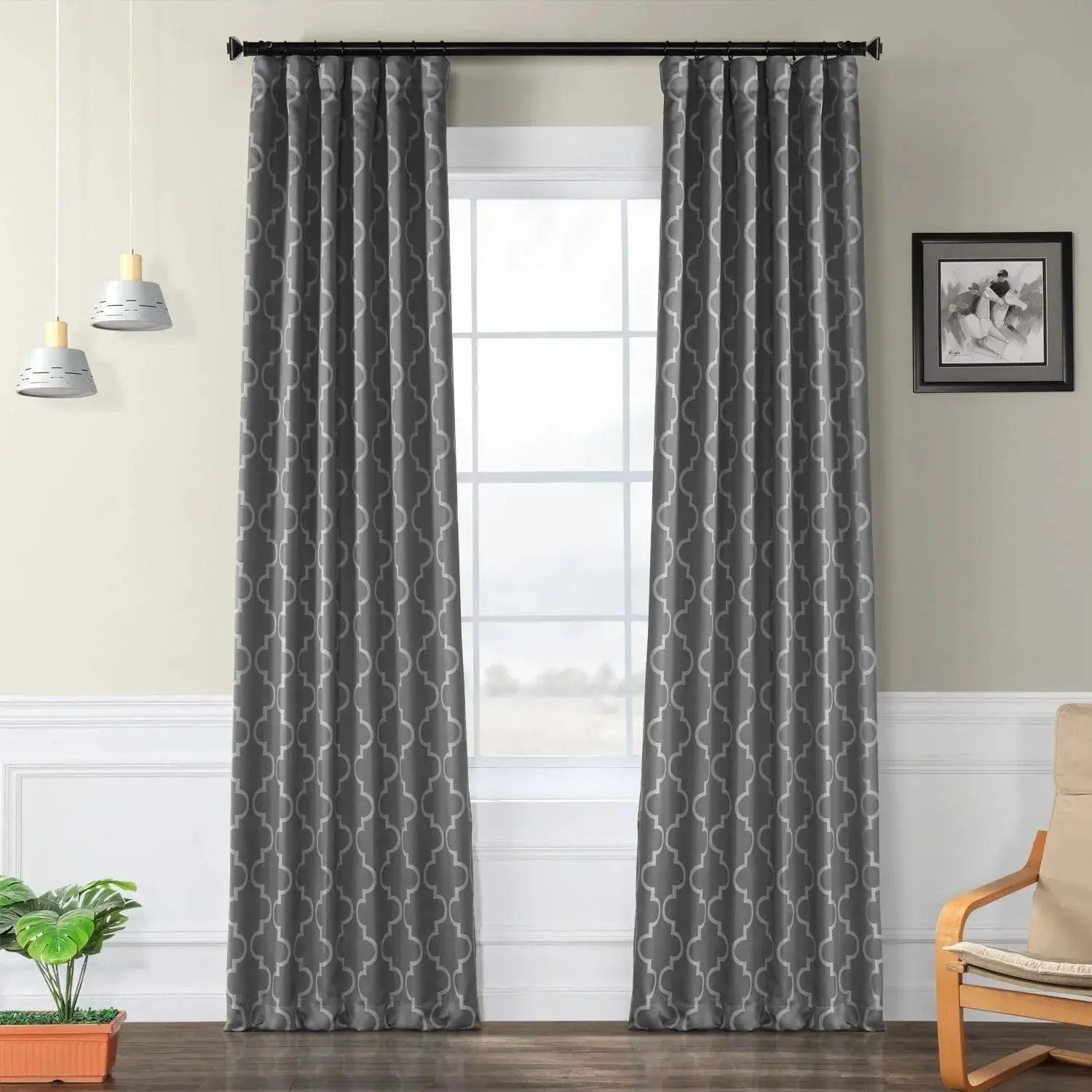 Seville Geometric Grey & Silver Room Darkening Window Curtain - Traditional PU Fabric, Durable, Dry Clean Only, Enhance Your Space, Ideal for Family Room (Half Price), Curtain For Windows, Darkening Curtains
