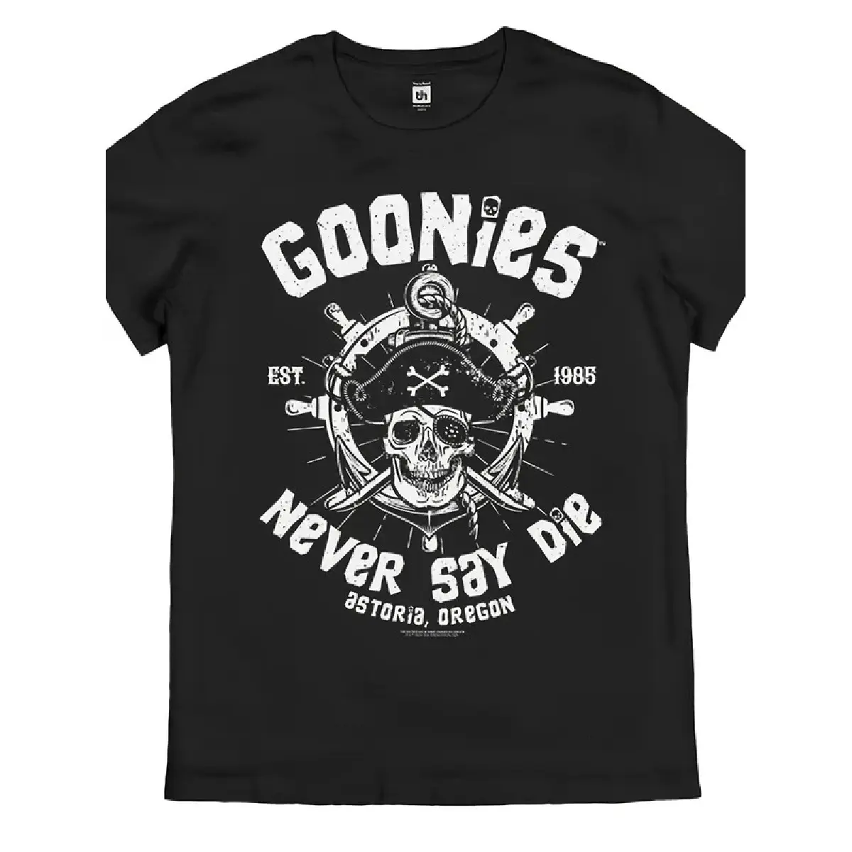 Men's Goonies Never Say Die Retro T-Shirt Officially Inspired 80s Movie Logo Iconic Skull Crossbones Pirate Design