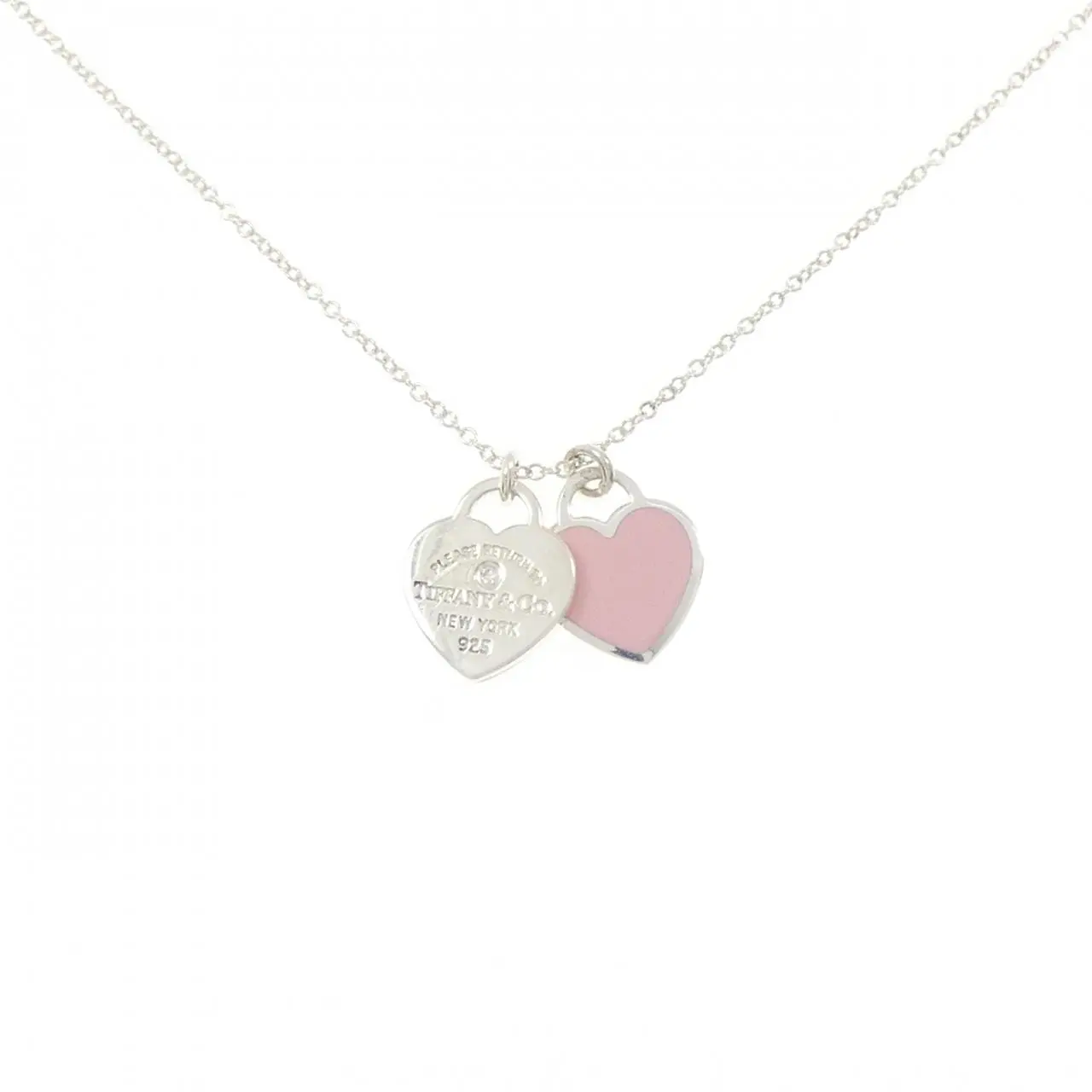 Pre-owned Tiffany & Co. Sterling Silver 925 (Ag925) Small Leather Goods Return to Tiffany Mini Double Heart Tag 925 Silver Necklace