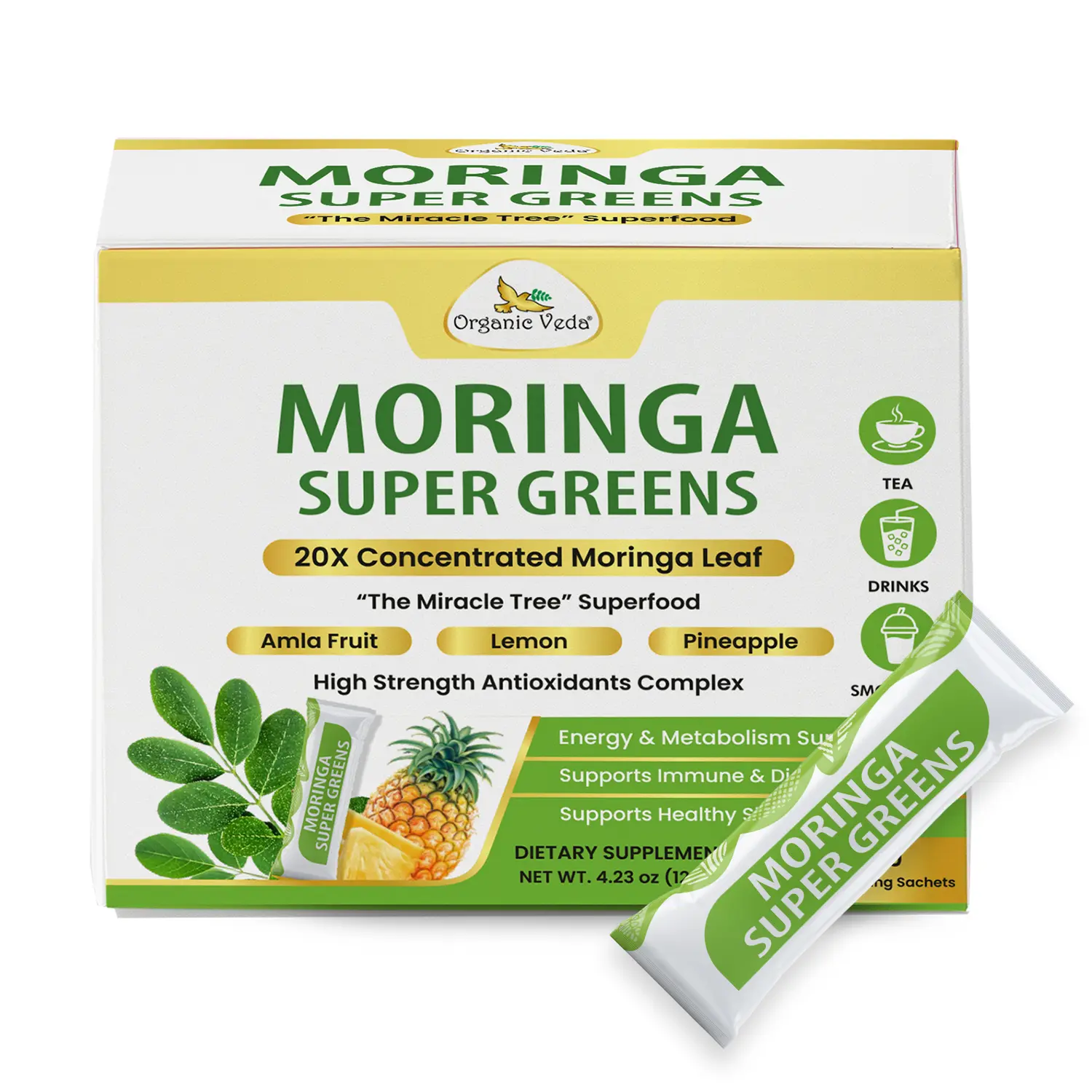 Organic Veda Moringa Amla Greens, Superfood Drink Mix Tea Powder 30 sticks - Pineapple Juice, Concentrated Moringa Powder, Amla Juice Vitamin C & Antioxidants for Energy, Hair Growth, Skin & Immunity