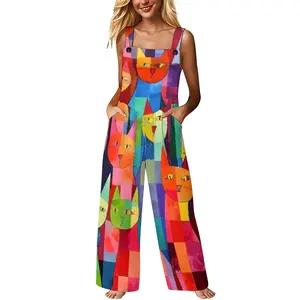 Womens Colorful Abstract Geometric Cat Art Print Spaghetti Strap Wide Leg Jumpsuit With Side Pockets Soft Lightweight Casual Loose Fit Whimsical Boho Festival Overalls