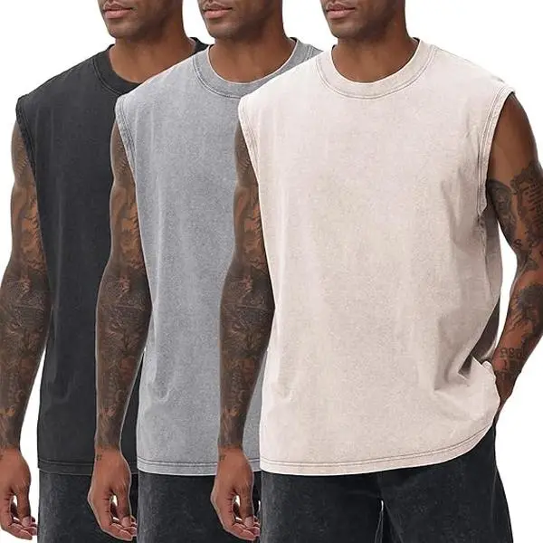 Holafish  Mens Workout Tank Tops Sleeveless Tee Shirts Men Muscle Shirt Gym Acid Wash T Shirts Running Beach Loose Fit Tee