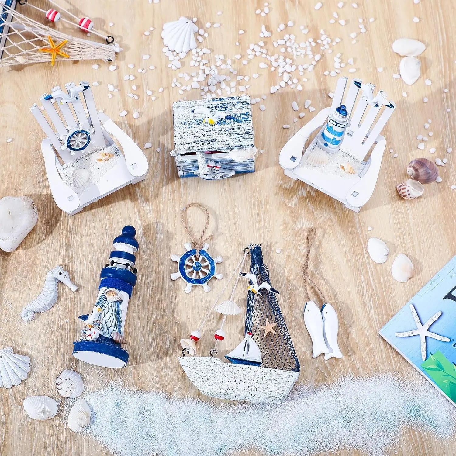 7PCS Handmade Miniature Wooden Beach Chair Figurines - Blue & White Nautical Ocean Decor with Lighthouse, Seashell Accents, Lightweight Gift Box, Christmas/Housewarming Gift for Beach Weddings, Indoor-Outdoor Garden Statues & Sculptures