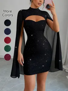 Women's Glitter Sequin Mock Neck Cut Out Bodycon Cape Dress, Sexy Fitted Waist-Defining Dress for Party, Nightclub and Date Night, Women's Fashionable and Elegant Attire, Cutout, Womenswear