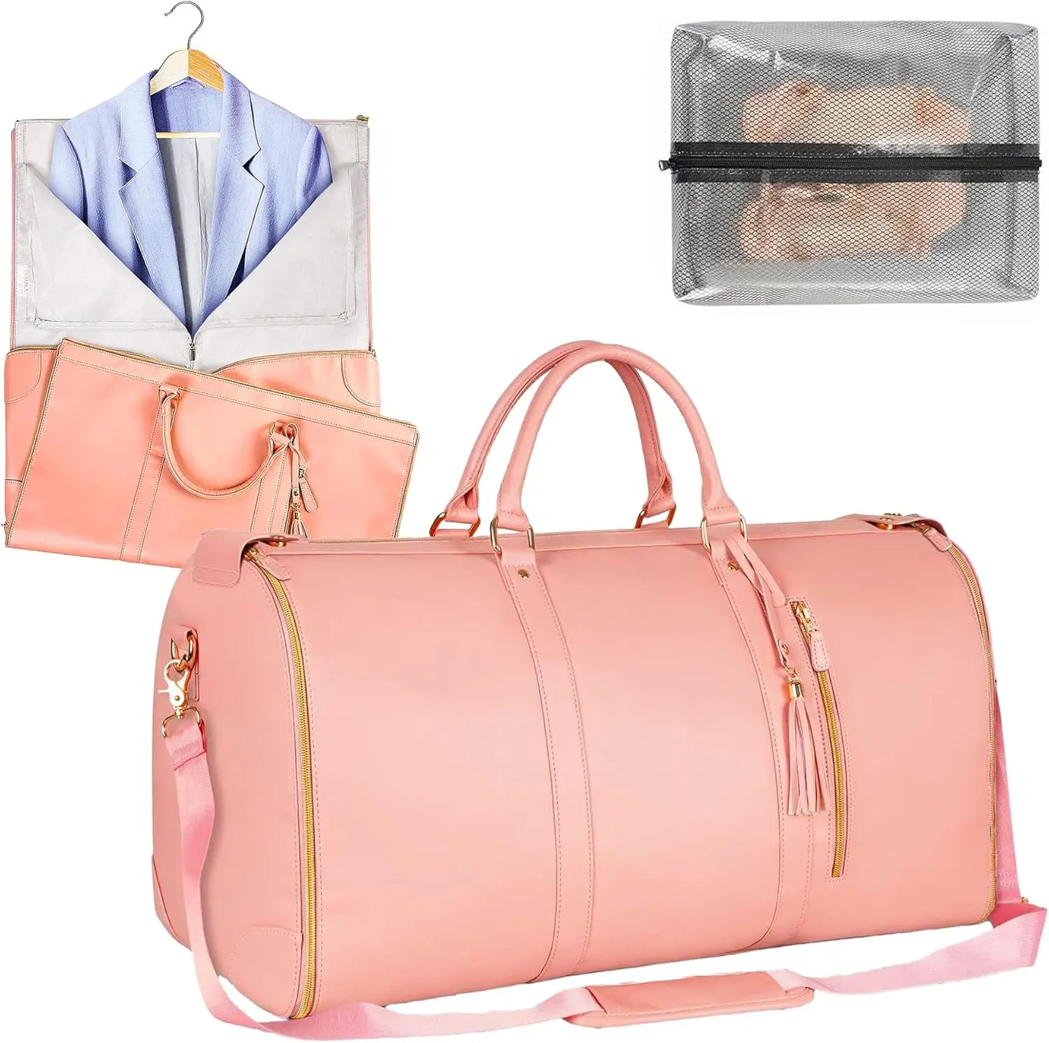 Garment Duffle Bags for Travel, Convertible Carry On Garment Bag with Shoe Pouch & Shoulder Strap, 2 in 1 Foldable PU Leather Suit Travel Bag for Women & Men, Pink