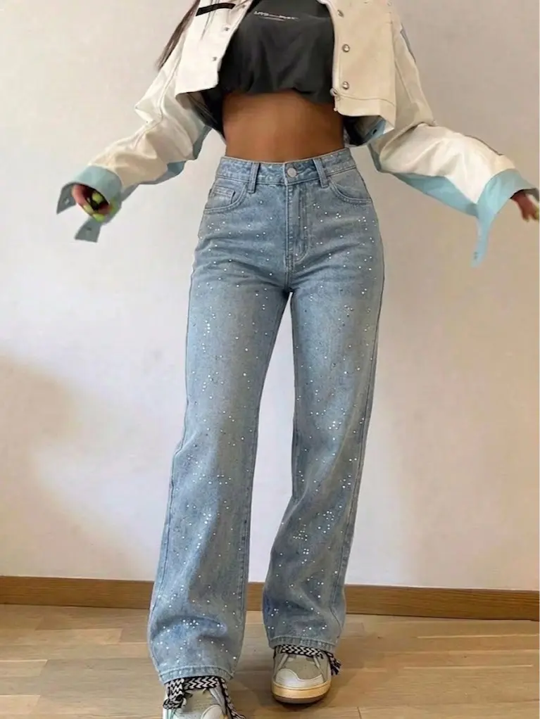 Women’s rhinestone wide-leg jeans, Mid-waisted shiny straight-cut loose long pants, Y2K party street-style jeans Denim Streetwear