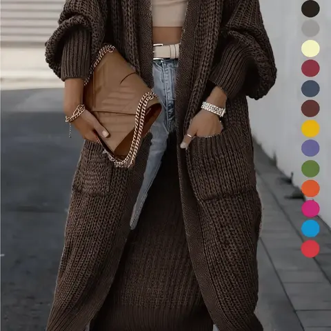 【Black Friday】Women's Solid Drop Shoulder Long Cardigan, Casual Long Sleeve Cardigan with Pockets, Ladies Drape Knit Sweater for Spring & Fall Daily Wear #GLOBAL PICKS