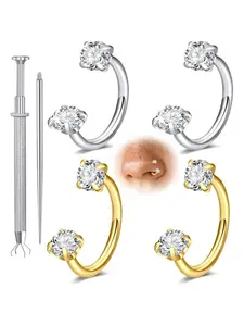 6pcs 16G Horseshoe Nose Ring Set – Double Gem Surgical Steel Nose Hoop Rings | Silver & Gold Tone | Hypoallergenic Piercing Jewelry for Nose, Cartilage, Helix, Tragus & Labret | Small Septum Rings for Women | Includes Piercing Tool Kit | Safe for Daily We