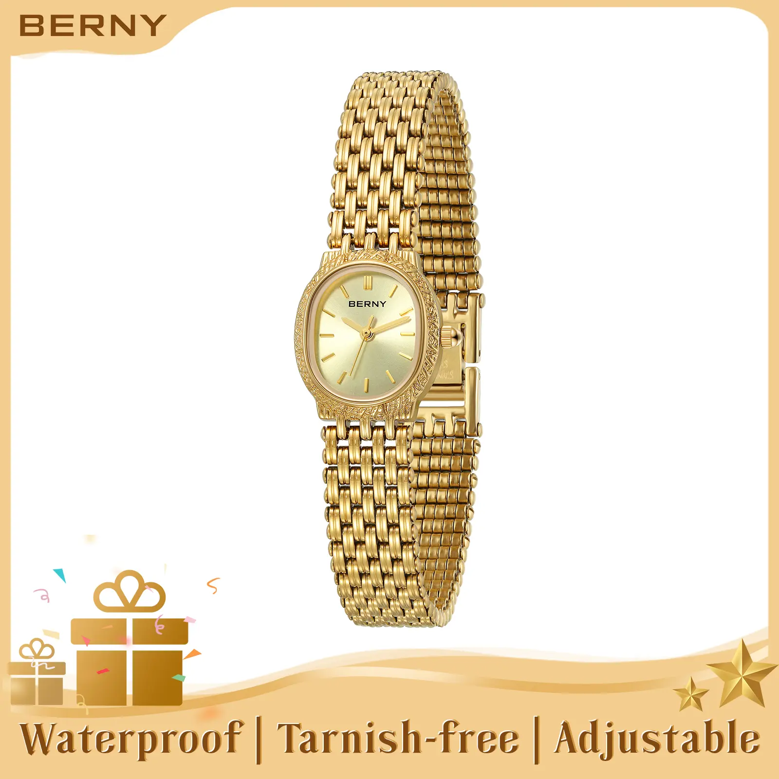 BERNY Gold Watch for Women Vintage Dainty Bracelet Watch All Stainless Steel Ladies Mini Quartz Wristwatch Tiny Fashion 3ATM Waterproof Old Money Reloj Dorado Adjustable Bracelet Tools Included Christmas Gift for Girl, Fashion Summer Accessories