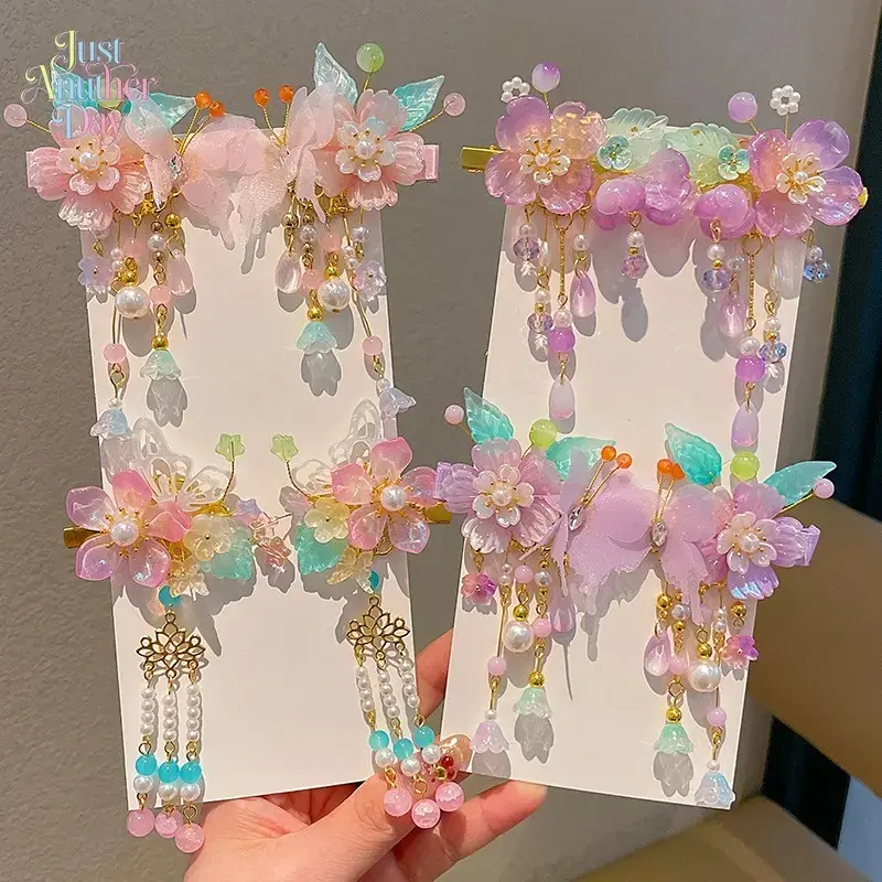 Chinese Style Floral Tassel Hair Clips for Girls, Hanfu Hair Accessories with Bow & Bead Tassel, Princess Style Kids' Pair Barrettes