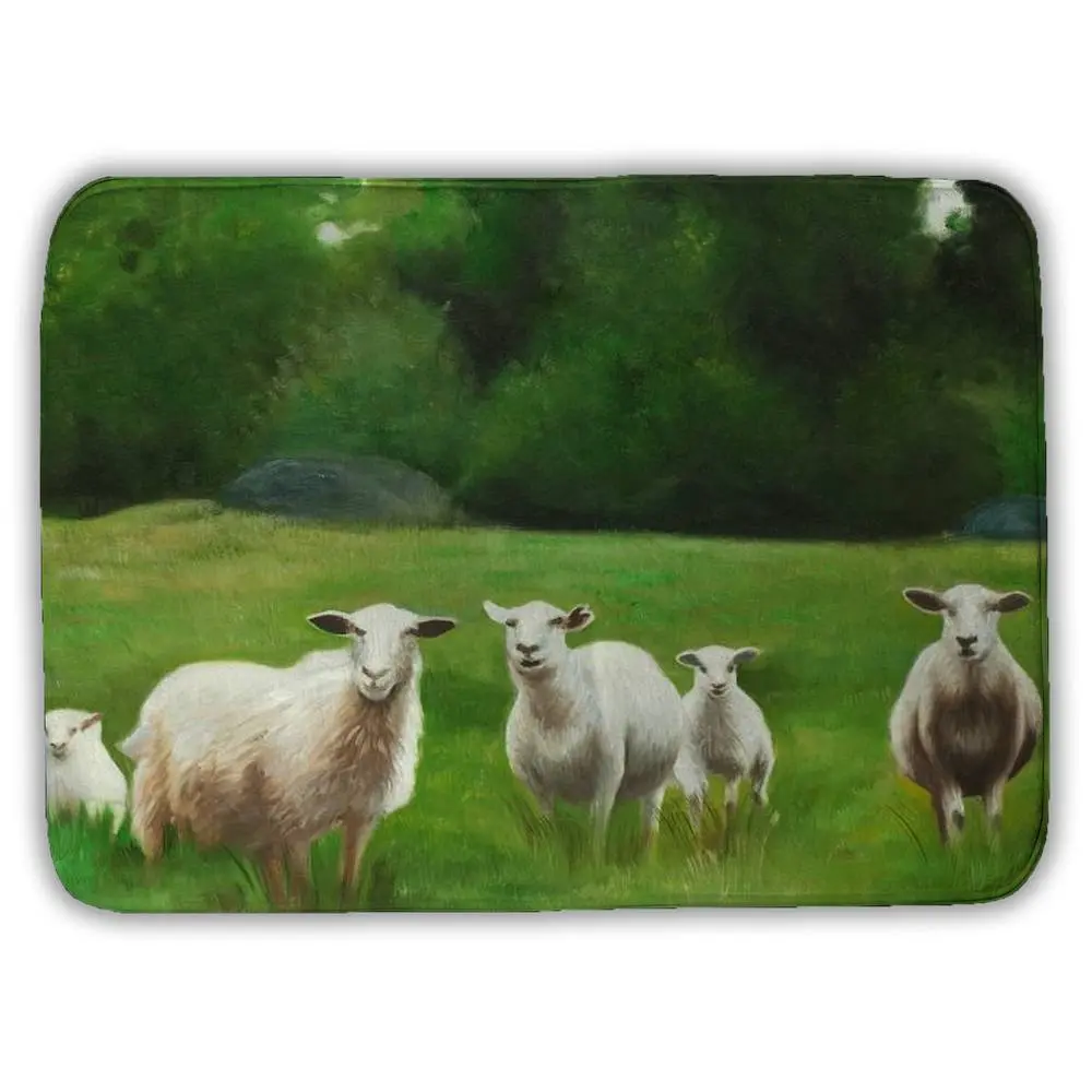 Absorbent Microfiber Foam Bath Mat - 360-Degree Rotating, Non-Slip Cushioned, 17x24 in Standard Rectangle, Farmhouse Sheep Animal Print, Easy-to-Clean Rustic Nature-Inspired White Indoor Bathroom Decor (Model 5930-1724-AN314)