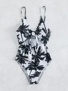 Women's Palm Tree Print Cut Out Knot Front One-piece Swimsuit, Casual Adjustable Spaghetti Strap Sleeveless Swimwear for Beach Holiday Vacation, Ladies Swimsuit for All Seasons, Leaf Print Swimsuit, Cutout Front Swimsuit