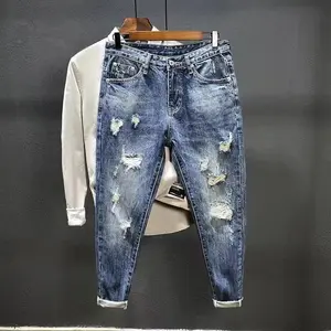 Nine-point jeans with holes for men's thin fashion brand slim feet in summer and summer Korean  style spring and autumn pants