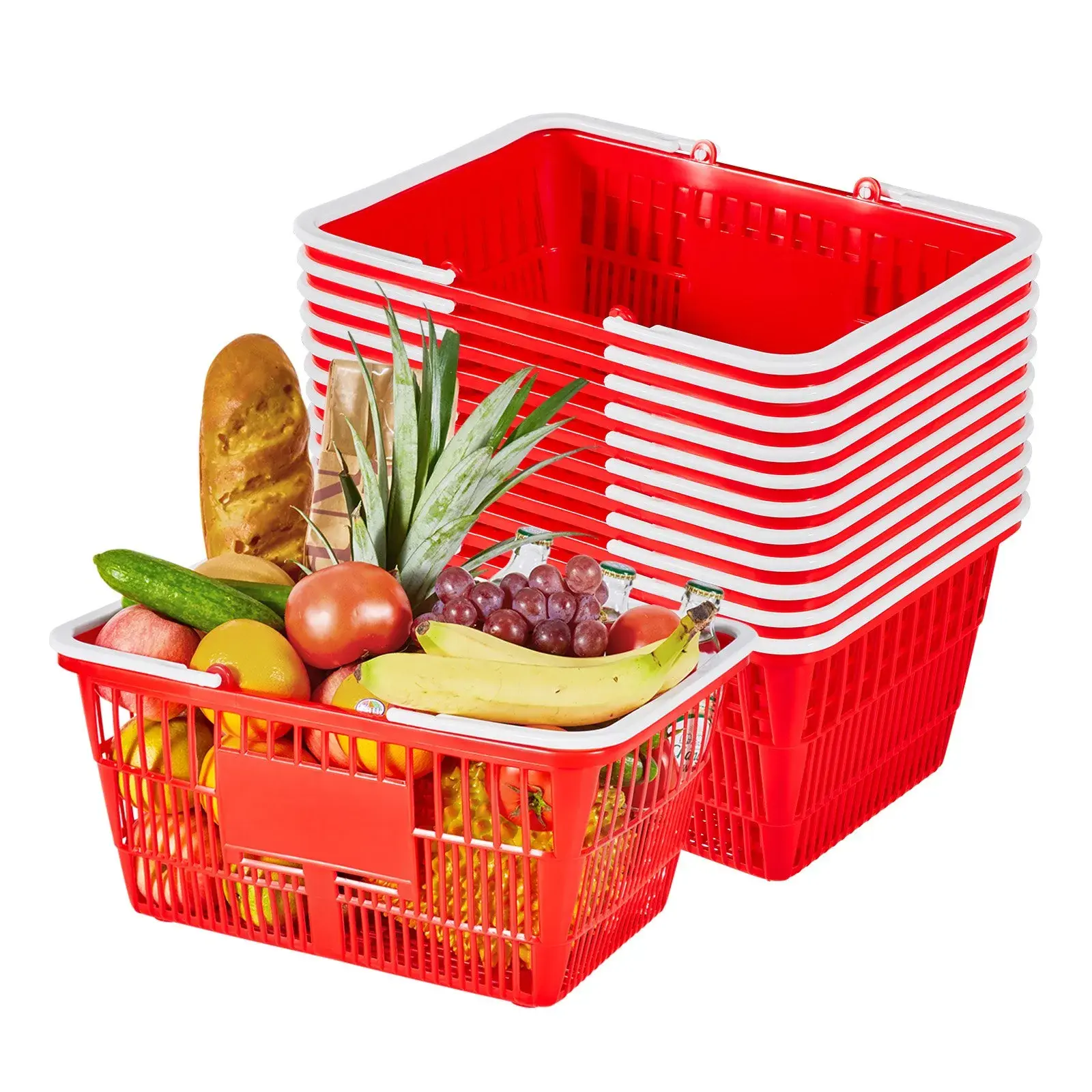 12-Pack PE Plastic Shopping Baskets, 21L Stackable Mesh Grocery Baskets with Handles, 20 lbs Capacity, Portable for Retail Stores, Home Use, Red