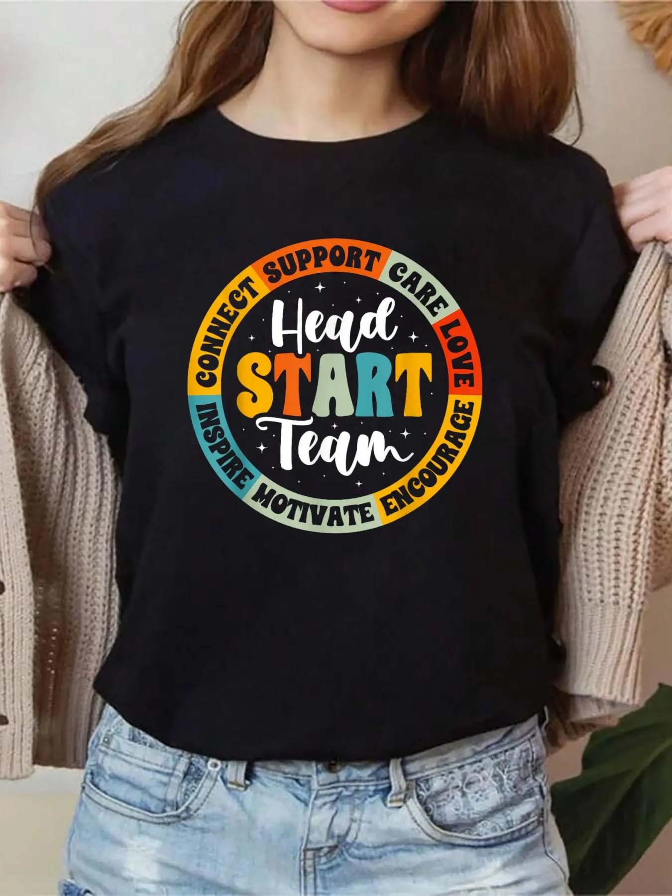 100% cotton Head Start Team Homeschool Teacher Headstart Back To School Women Graphic T-Shirt Cotton Print short Sleeve Casual Top, Summer Tee Womens Tops
