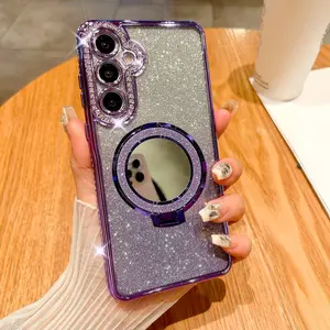 Case for Samsung A07 A17 A06 A16 A26 A36 A56 A14 A34 A54 A15 A25 A24 A35 A55 A05s 5G Smartphone Luxury Glitter Mirror Ring Holder Wireless Charging Plating Cellphone Protective Cover Protector Accessories Rhinestone Smartphone Shell
