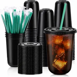 100 Set 16oz Plastic Cups with Lids and Straws, Disposable Clear Iced Coffee Cup with Lid, Round Bottom Plastic To Go Cups for Cold Drinks Slushie Smoothie Lemonade Party Picnic Shop Supplies