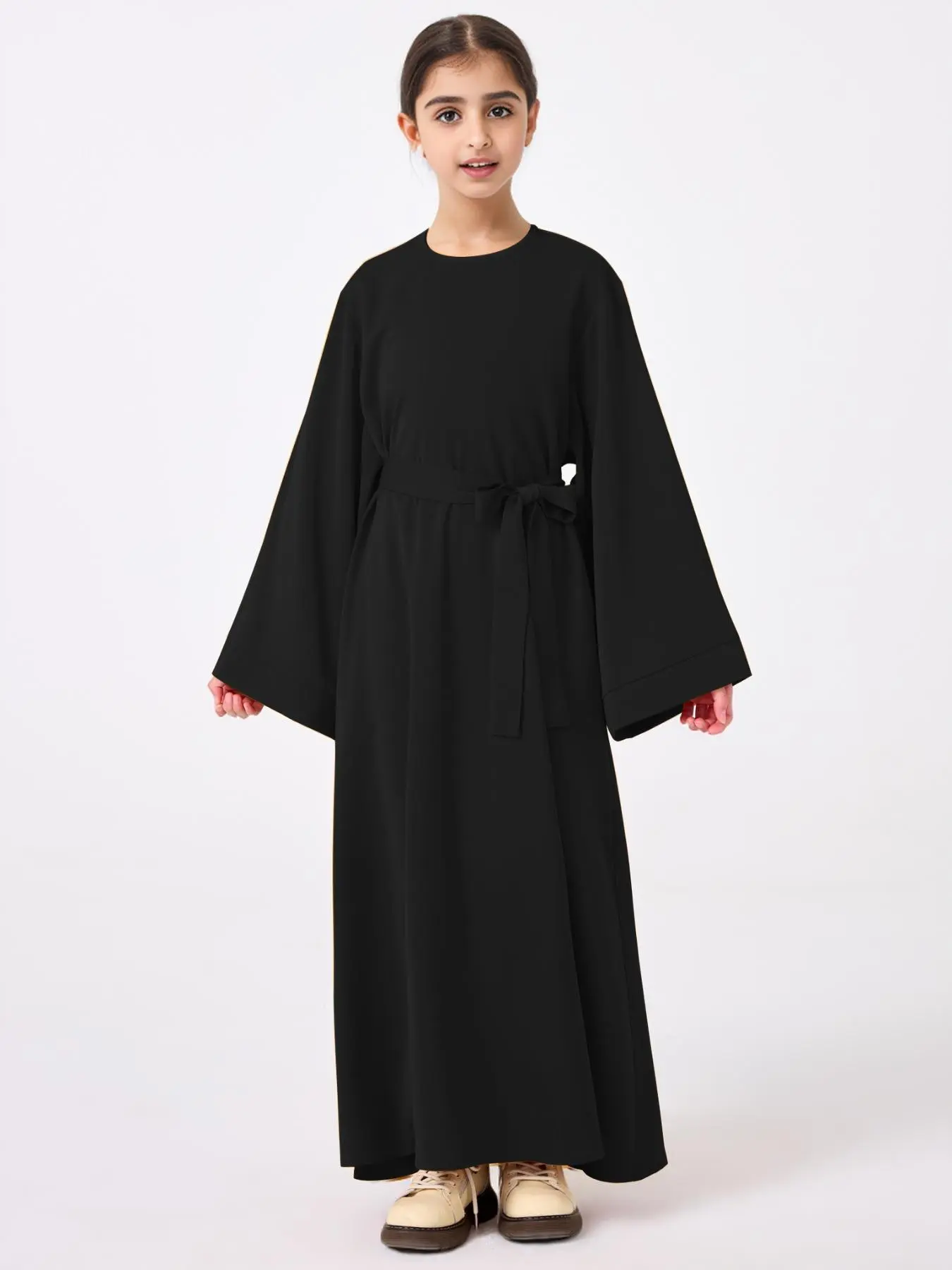 Girl's Solid Belted Dress, Modest Casual Long Sleeve Dress for Daily Wear, Kids Clothes for All Seasons