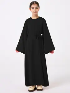 Girl's Solid Belted Maxi Dress, Modest Long Sleeve Dress for Daily Wear, Kids Girls Clothing for All Seasons, Modesty
