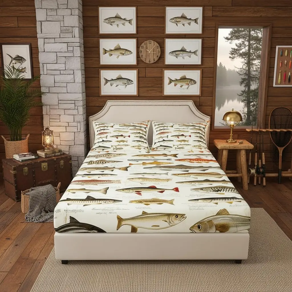 Retro Fish Fitted Sheets,Fish Wild Animals Bedding Sets,Fishing Hunting Theme Bed Sheet Adult Men Room Decor,Rustic Farmhouse Style Deep Pocket Sheet