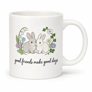 Cute Rabbit Friendship Ceramic Mug-11oz White Cup(Maximum Capacity 16oz) , Aesthetic Daily Coffee & Tea Cup