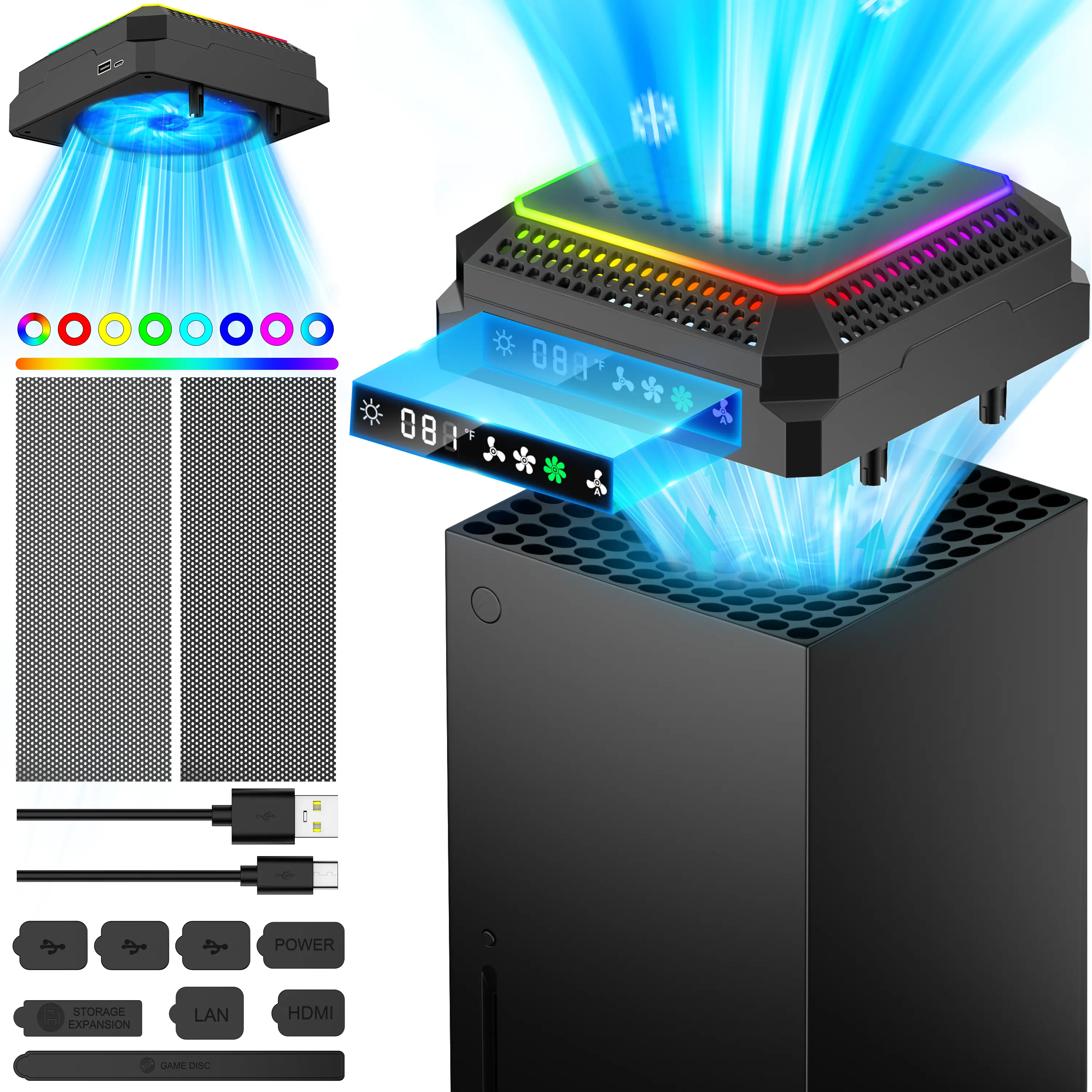 ESYWEN Xbox Series X Cooling Pad Fan Accessories - 11 RGB Modes, Auto Temp Control, Auto 1/2/3 Speed, Smart Display, Full Dustproof Kit for Gaming Items