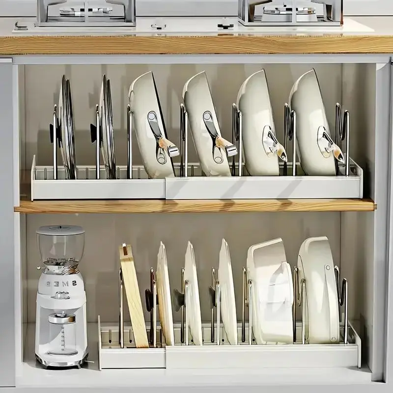 Expandable Pot and Pan Organizer Rack for Cabinet, 7 Adjustable Pot Lid Organizer, Space Saving Kitchen Storage for Pots, Pans & Lids, Cabinet Organization for Small Kitchens & Apartments,for busy moms