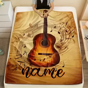 Personalized Guitar Blanket – Soft Flannel Throw With Custom Name, Lightweight & Warm For Home, Travel, Camping, And Gifting – Vibrant Guitar & Music Note Design, 80X120Cm/31.5X47.2Inch