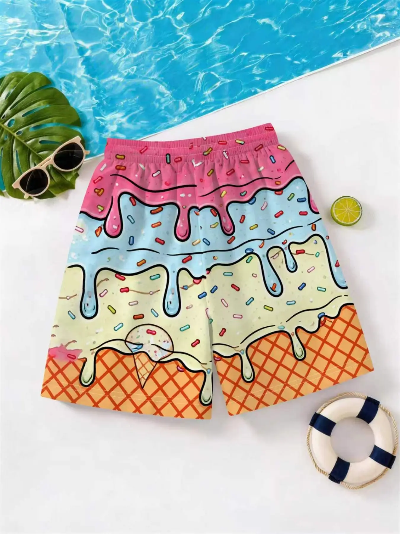 Summer Ice Cream Pattern Shorts, Trendy Cute Boys' Beach Pants, Cool Comfort Essential, Casual Loose-Fitting, Drawstring Waist