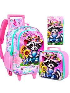 3PCS Kids Rolling Backpack, Girls Roller Wheels Bookbag, Wheeled Elementary School Bag with Lunch Bag - Raccoon