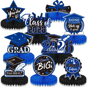 9PCS Blue Graduation Party Decorations Party Event Props Class of 2026 Congrats Grad Honeycomb Centerpieces Blue Congratulate Table Toppers for Party Favor Supplies
