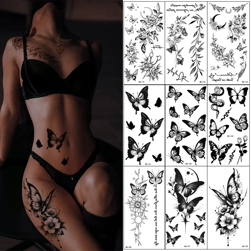 Realistic Fake Temporary Tattoos for Beauty & Personal Care - Cross-Border Popular Transfer Tattoos with Plain Floral, English Letter, Butterfly, Line Art Designs, Realistic Fake Tattoos