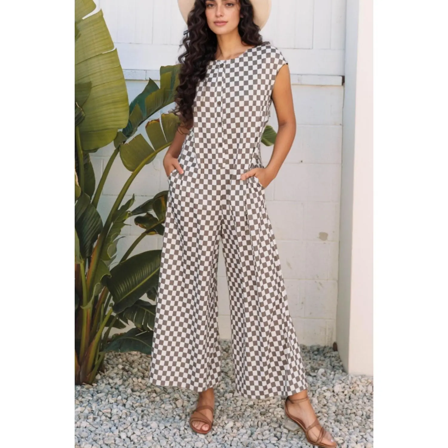 Checkered Print Crew Neck Wide Leg Jumpsuit