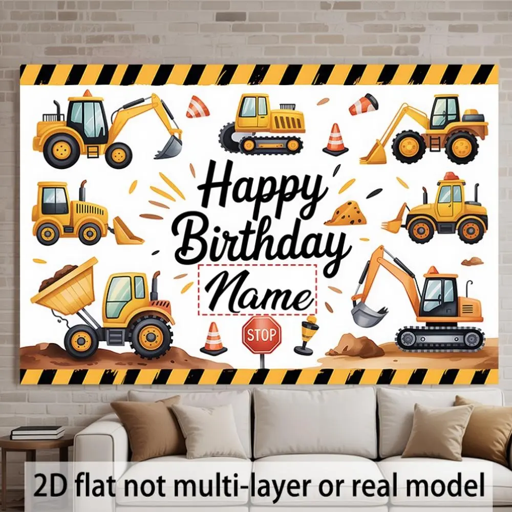 2D Flat Polyester Construction-Themed Birthday Backdrop Banner - Foldable Soft Lightweight Cloth, HD Print, for Birthday Party Decor, Studio Photoshoots, Party Decoration Idea, Foldable Cloth