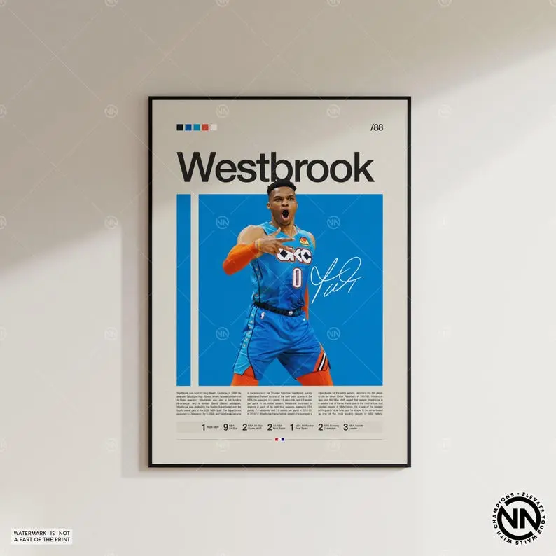 Russell Westbrook Poster, Sports Poster, Mid Century Modern, Basketball Gift, Sports Bedroom Posters