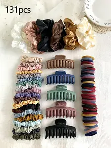 131 Piece Set Korean Style Hair Ties for Women, Hair Accessories, Scrunchie, High Elasticity Durable Strong Hold Hair Bands, Plain Geometric Design, All Seasons Use