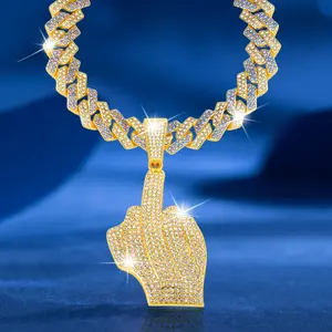 Rhinestone Middle Finger Pendant with Flip-up Diamond-shaped Necklace Silver Gold Plated Bling Necklace Miami Diamond Pendant Necklace, Iced Out Hip Hop Jewelry Gift for Men Women Birthday Christmas Costumes Daily Decoration
