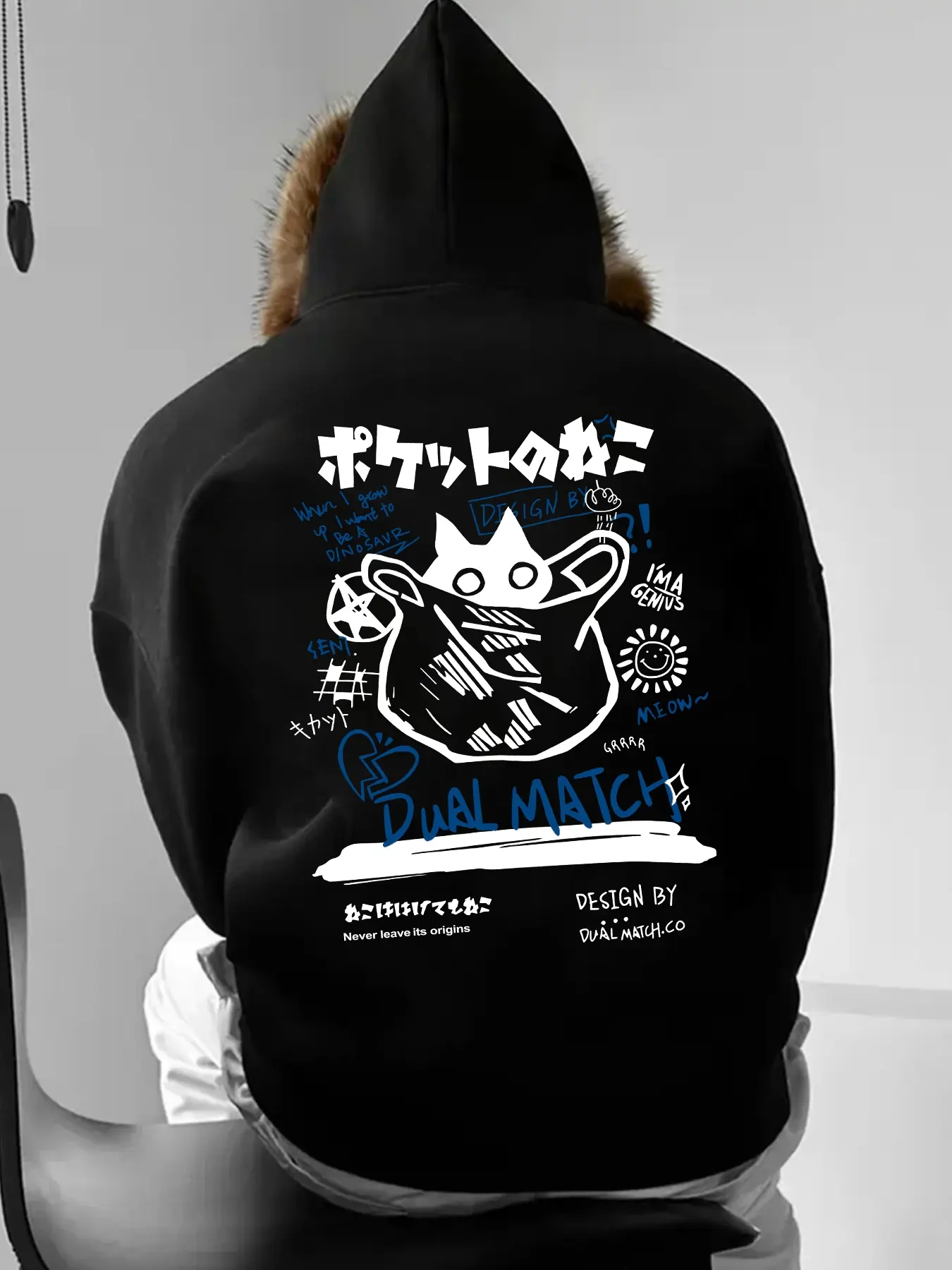 Men's Classic Graphic Japanese Cat Print Hoodie, Sweatshirts, Detachable Fleece Collar, Half-Zip Sportswear, Casual Fit, Unisex Fall & Winter Top