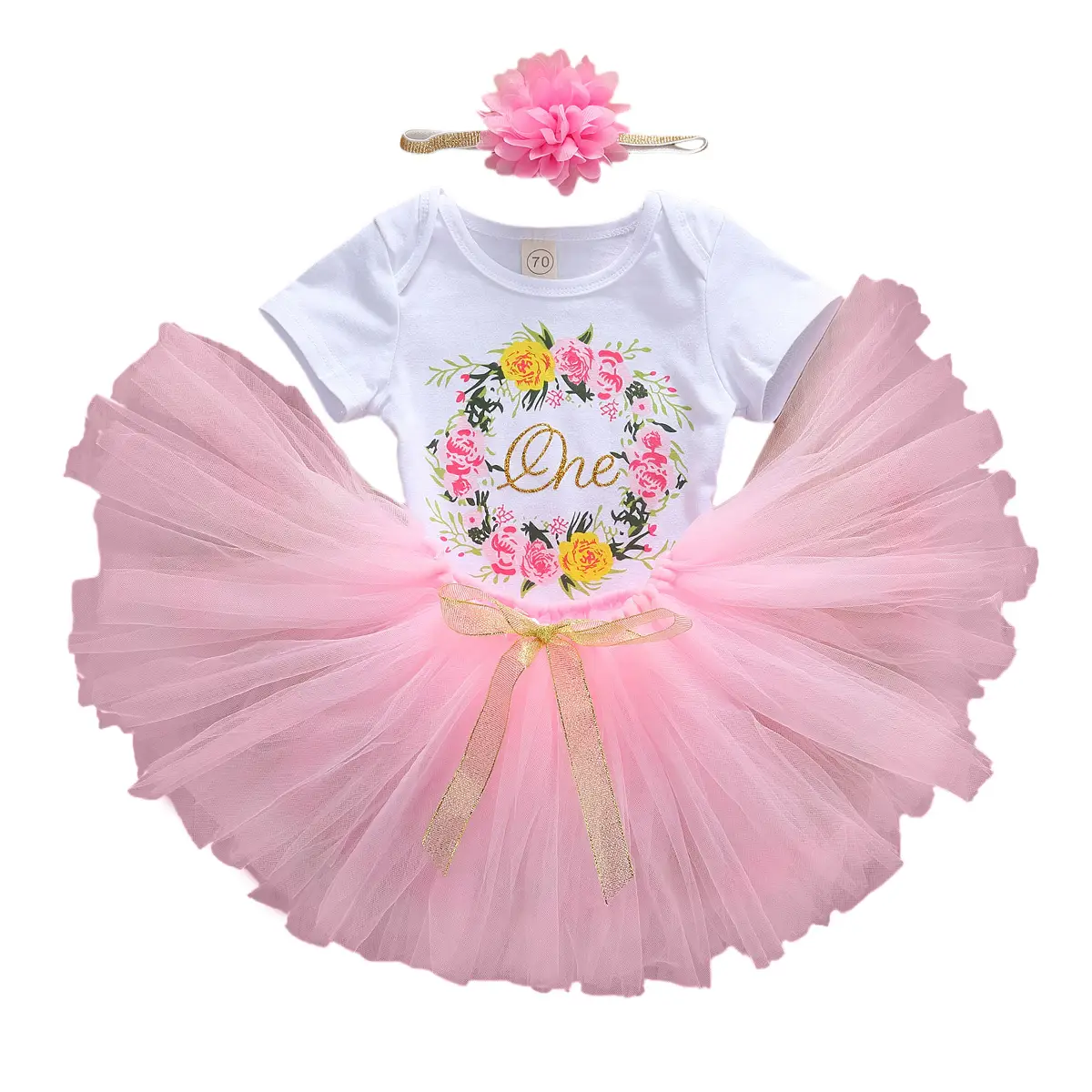 Toddler Baby Girl First Birthday Outfits 1st Birthday Clothes One Print Short Sleeve Romper+Tulle Tutu Skirt+Flower Headband Summer
