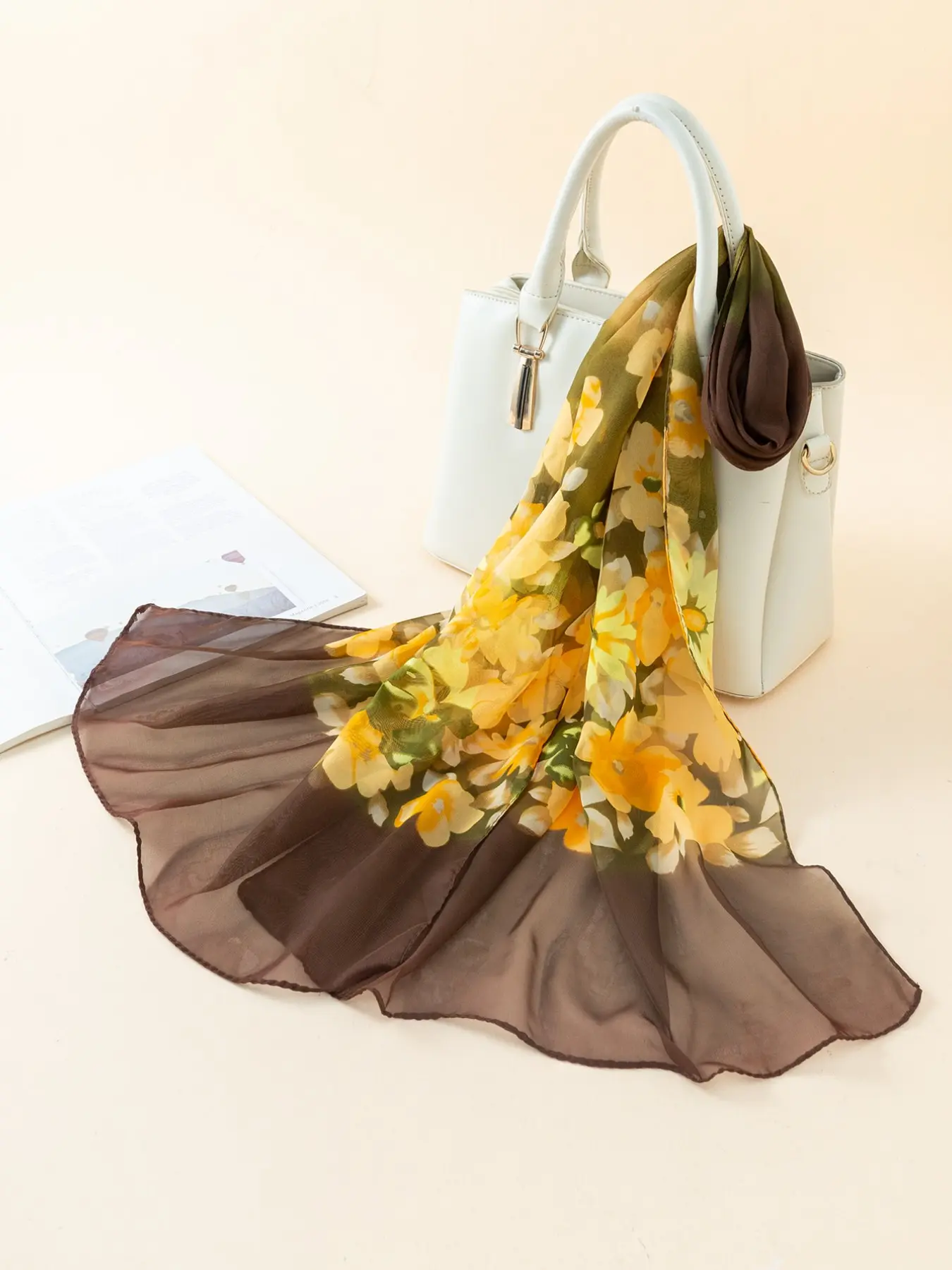 New Floral Print Chiffon Scarf for Women, Polyester Scarf, Lightweight Long Shawl, Muslim Hijab, Prayer Shawl, Sun Protection Beach Headscarf, Summer, All Seasons