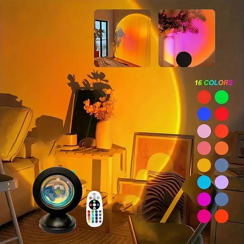 Rgb16 Color Remote Control Sunset Atmosphere Lamp, USB Powered Single Color Sunset Projection LED Light with Projector Functionality, Magic Led Lighting, Romantic Decor for Bedroom & Living Room，Christmas gifts