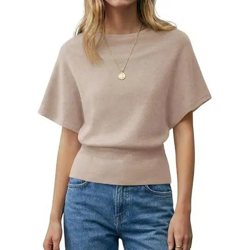 Women's Plain Knit Top - Round Neck, Batwing Sleeves, Medium Length, Minimalist Basic Stylish Casual Blouse with Unique Shape for Daily Wear, Wardrobe Staples, Lady, Solid Colors, Pullover Top, No Fuss Wear, Easy Style For Daily Wear