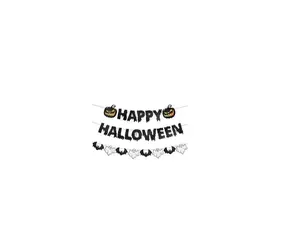 "Black Glitter Happy Halloween Banner – Hanging Paper Garland with Pumpkin, Ghost & Bat Cutouts, Spooky Party Backdrop for Wall, Mantle, Home, Office & Photo Décor"